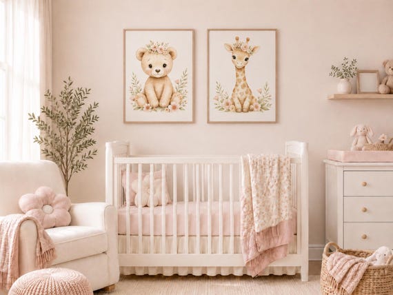 Baby Bear and Giraffe Nursery Wall Art Set of 2, Blush Safari Nursery Prints
