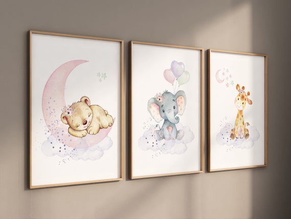 Nursery wall art girl elephant, giraffe, bear, pink, purple, and gold nursery, cloud and stars, baby room decor, baby girl