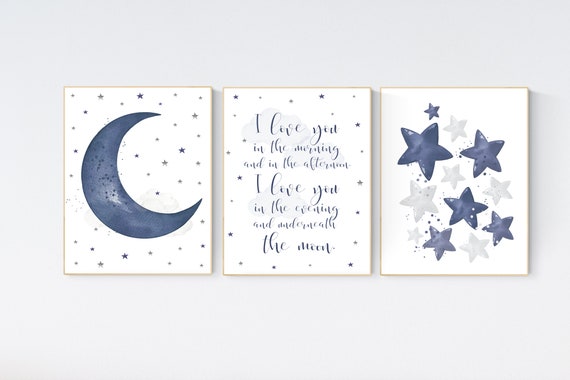 Nursery decor boy navy blue, Nursery wall art boy, navy nursery decor, moon and stars, nursery prints boy, I love you in the morning