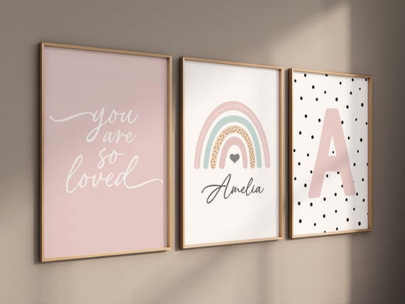 Boho Rainbow Nursery Wall Art, Personalized Name Print, Blush Pink Quote & Initial Poster Set, Baby Girl Room Decor, You Are Loved