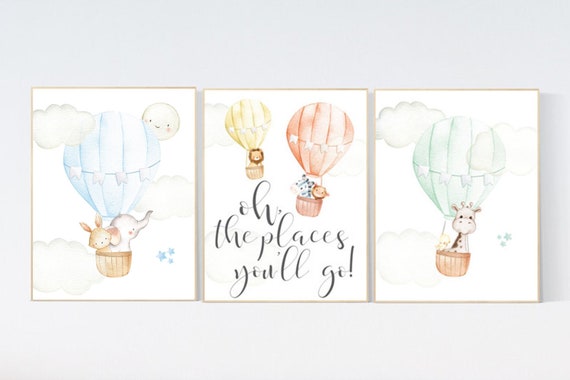 Hot air balloon nursery, Animal nursery, gender neutral, woodland animals, hot air balloons, nursery prints, baby room wall art, set of 3