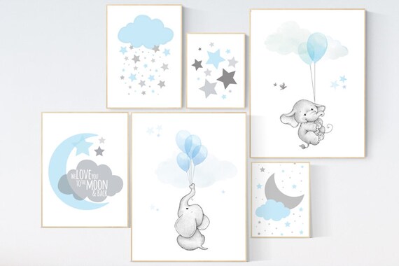 Nursery decor boy elephant, blue and gray nursery, blue gray nursery, nursery boy decor, boys room decor, boy room decor animals elephant