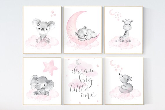 Animal nursery, nursery decor girl pink gray, nursery decor girl woodland animals, teddy bear, elephant, giraffe, baby girl nursery prints