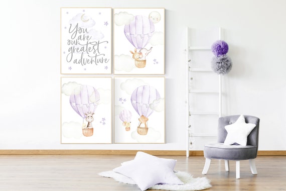 Nursery decor girl purple, hot air balloon nursery, you are our greatest adventure, animal nursery, girl nursery wall, lilac, lavender