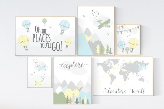 Adventure nursery decor, nursery decor airplane, world map, adventure awaits, yellow blue green nursery, travel theme, gender neutral