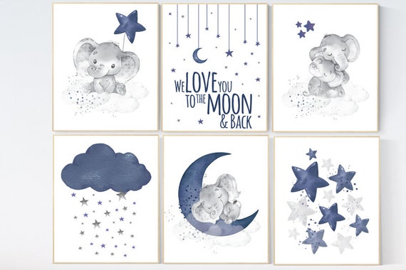 Nursery decor boy elephant, nursery wall art boy, moon and stars, navy blue, elephant nursery art, we love you to the moon and back, navy