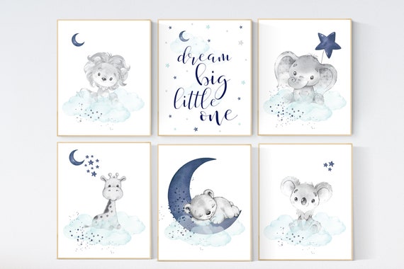 Animal prints, nursery decor boy elephant, giraffe, koala, lion, bear, boy nursery decor, moon and stars, navy teal nursery, boy nursery