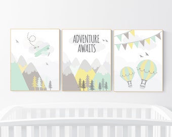 Adventure nursery decor, nursery decor airplane, world map nursery, adventure awaits, yellow mint nursery, travel theme, gender neutral