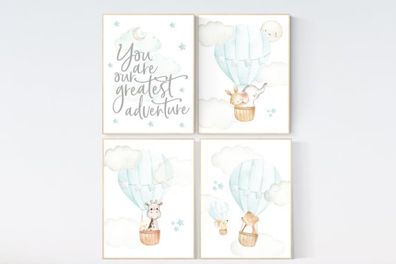 Mint nursery wall art, you are our greatest adventure, gender neutral, mint nursery art, nursery prints animals, aqua, mint green, twins