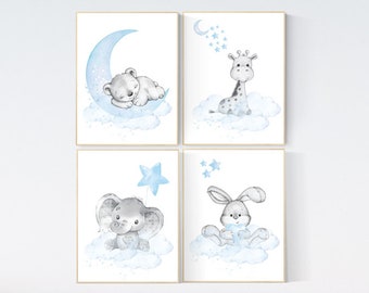 Baby Blue Animal Nursery Art Prints: Elephant, Bunny, Bear, Giraffe