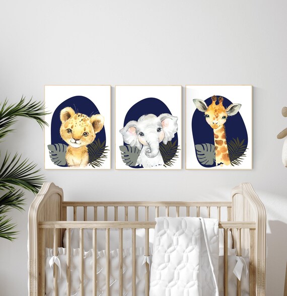 Safari Nursery Wall Prints, Boho Nursery Prints, jungle animals, navy blue Nursery Art, animal Nursery Decor, animal prints
