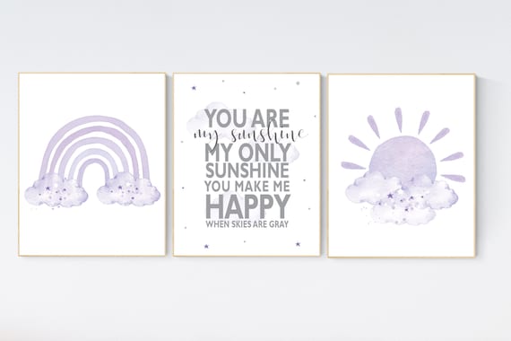 Nursery prints rainbow, Nursery decor girl, nursery wall art, purple, lavender, moon star, cloud, nursery wall art, rainbow, lilac, girls