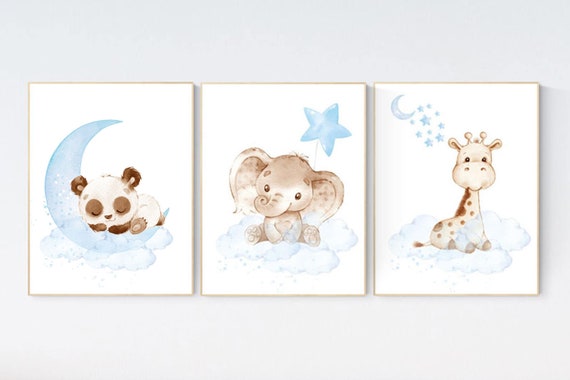 Nursery wall art animals, baby room decor blue, baby room decor panda bear, elephant, giraffe, animal nursery decor, nursery prints boy room