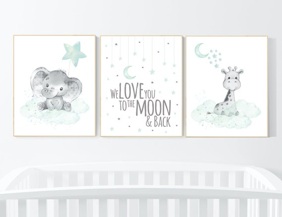 Nursery wall art animals, Nursery wall art mint and gray, baby room decor mint and gray, woodland, jungle, elephant, giraffe, animal prints