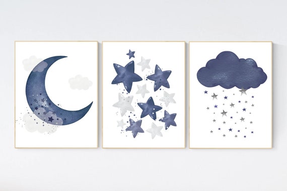 Navy nursery decor, boy nursery wall decor, cloud, stars, moon, navy blue nursery, nursery prints boy, boy nursery art