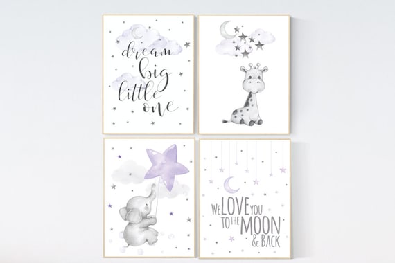 Nursery decor girl giraffe, Nursery decor girl purple, we love you to the moon and back, elephant giraffe, dream big little one, animal