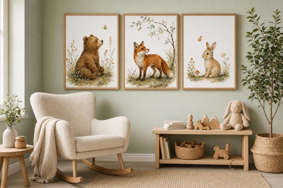 Woodland Nursery Art Set, Bear Fox Bunny Watercolor Prints, Neutral Forest Decor