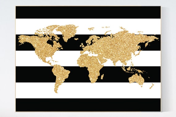 Black white gold decor, World Map,gold nursery decor, gold nursery art, Nursery Art, Nursery Prints, gold glitter, wall art, black and white