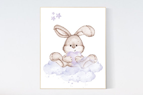 Bunny nursery wall art, Purple nursery decor, Nursery decor girl flower bunny, lilac, lavender, bunny print nursery girl, rabbit print