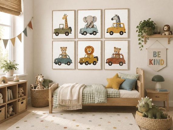 Safari Animal Car Prints Set, Retro Nursery Wall Art (Set of 6)