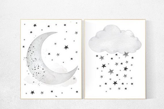 Nursery wall art black and white, gray nursery, nursery decor neutral, baby room decor gender neutral cloud and stars, dream big little one