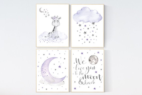 Nursery decor girl purple, nursery decor girl giraffe, purple nursery print, girl nursery, moon and stars, we love you to the moon and back