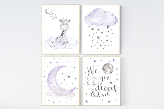 Nursery decor girl purple, nursery decor girl giraffe, purple nursery print, girl nursery, moon and stars, we love you to the moon and back