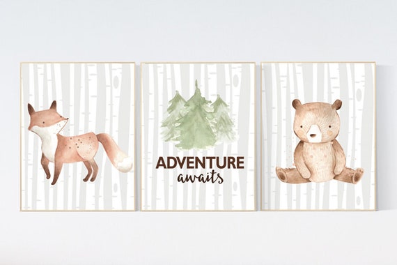 Nursery decor woodland, Woodland Nursery Wall Art, Woodland Print Set, adventure awaits, Woodland Animal Prints, gender neutral nursery