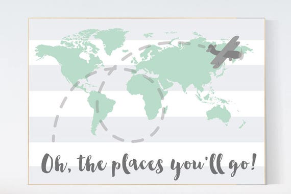 Mint nursery decor, Oh the places you'll go, World Map wall art, world map nursery, world map wall art, gender neutral nursery decor, mint