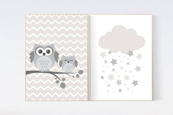 Owl nursery decor, gender neutral nursery, owl decor for nursery, beige and cream, cloud Nursery Decor Gray Beige gender neutral baby shower