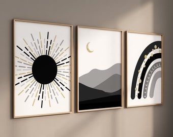 Black and gold, black gold, Boho Nursery, rainbow nursery, gender neutral, moon nursery, Abstract Art, sun nursery, Mid Century Print