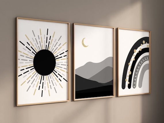 Black and gold, black gold, Boho Nursery, rainbow nursery, gender neutral, moon nursery, Abstract Art, sun nursery, Mid Century Print