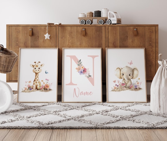 Giraffe & Elephant Nursery Wall Art Set | Personalized Name Print | Floral Baby Girl Room Decor | Neutral Safari Animal Prints