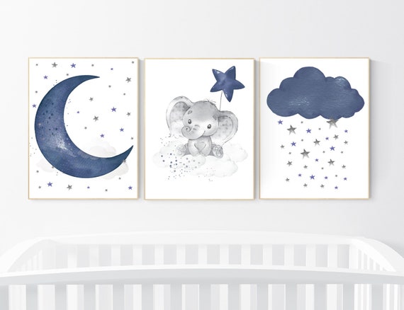 Navy nursery decor, moon and stars, navy blue nursery art. baby room wall art, boy nursery decor, set of 3, nursery prints boy, elephant art