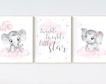 Elefant Poster: Rosa und Grau Baby Mädchen Deko, 3er Set