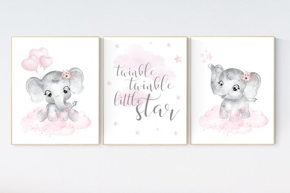 nursery decor elephant girl, baby room decor girl, nursery wall art elephant, pink gray elephant nursery, nursery prints elephants, set of 3