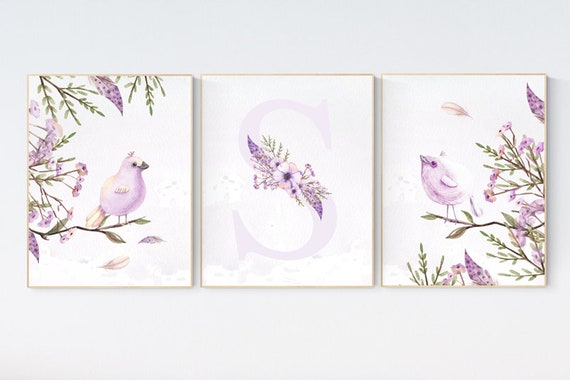 Nursery wall art birds, nursery decor girl flower, Nursery decor girl floral, lavender, purple nursery, lilac, bird nursery art, spring