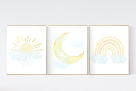 Nursery decor clouds, sunshine nursery, gender neutral nursery wall art, sun, cloud, baby room decor, blue yellow, nursery wall decor