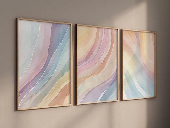 Pastel Abstract Wall Art Set, Watercolor Geometric Prints, Modern Minimalist Home Decor, Soft Rainbow Colorful Art for Bedroom or Office