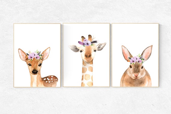 Nursery decor purple, Woodland nursery, flower animal print, lilac nursery, animal flower crown, lavender nursery, nursery prints animals