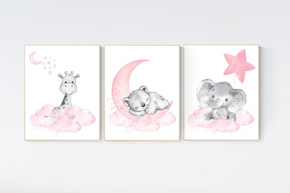 Nursery wall art girl elephant, pink and grey, nursery decor girl pink, moon, stars, nursery prints, baby room decor, girl nursery, animals