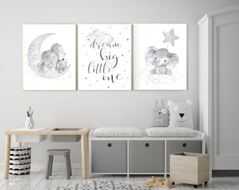 Grey nursery wall art, elephant nursery wall art, gender neutral, gray nursery art, nursery wall decor, moon, stars, neutral, twin nursery