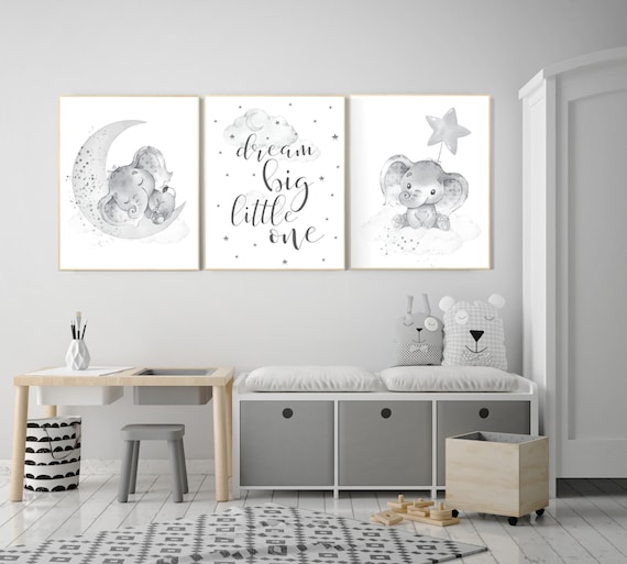 Grey nursery wall art, elephant nursery wall art, gender neutral, gray nursery art, nursery wall decor, moon, stars, neutral, twin nursery