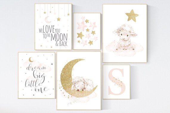 Baby room decor girl, Nursery wall art girl pink gold, Sheep nursery decor, sheep nursery art, lamb nursery decor, lamb print for nursery