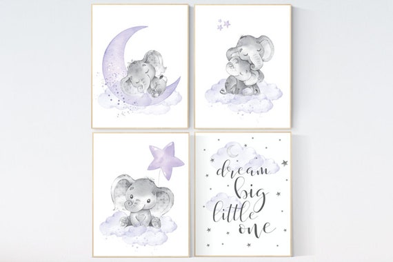 Nursery decor girl purple, nursery decor girl elephant, Girls room decor purple, moon and stars, lavender, star nursery, lilac nursery decor