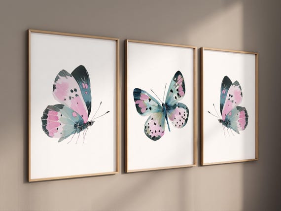 Butterfly Nursery Wall Art Set of 3 – Pink Teal Butterfly Prints