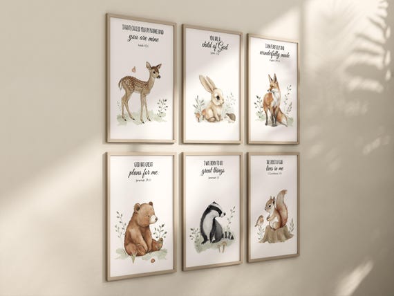 Woodland Animal Prints, animal prints, gender neutral, Forest Animal, Woodland Animals, safari animals, bible nursery, verse nursery