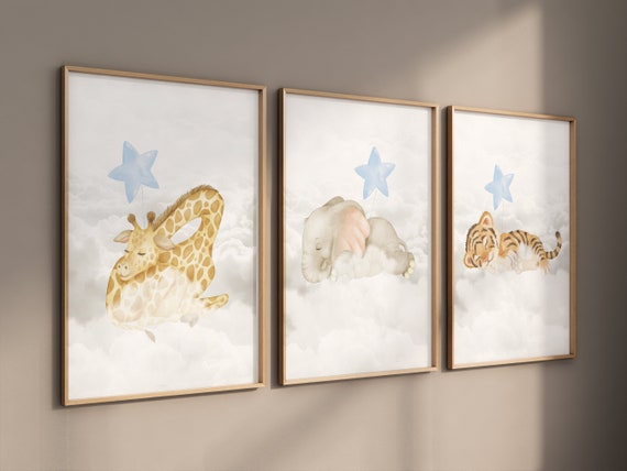 Woodland Animals, Sleeping on Clouds, Woodland Nursery Decor, blue nursery, Animal Nursery wall art, gender neutral , baby boy room decor