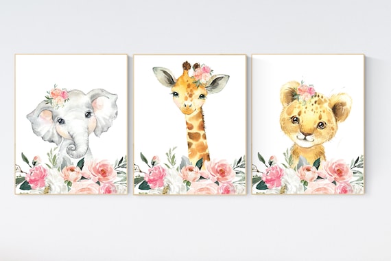 Nursery prints girl, baby room wall art, Safari Animals, girl nursery, Animals Prints, Safari Nursery Wall Art, floral animal prints, coral