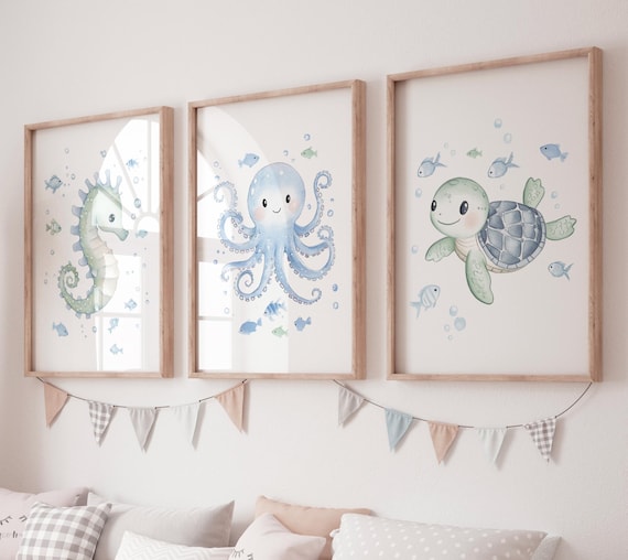 Under the Sea Nursery Wall Art – Seahorse Octopus Turtle Prints – Ocean Baby Room Decor – Sea Animal Watercolor Art for Kids
